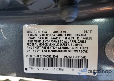 2012 Honda Civic Lx z USA, uszkodzony, nr VIN 2HGFB2F50CH523703